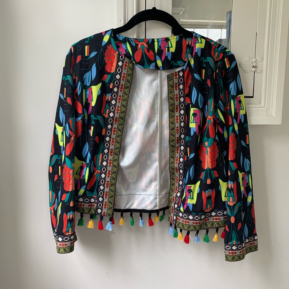 Boho inspired Embroidered Jacket w/ Pompon Tassels